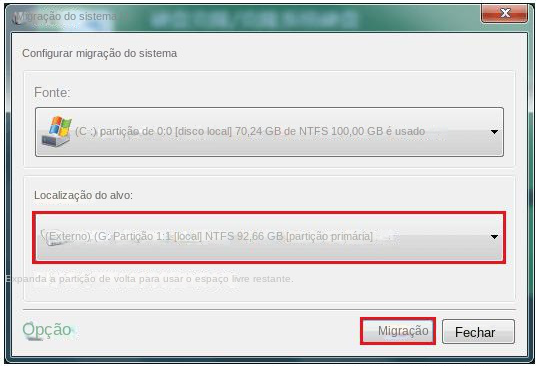 Selecione o novo SSD e clique em Migrar