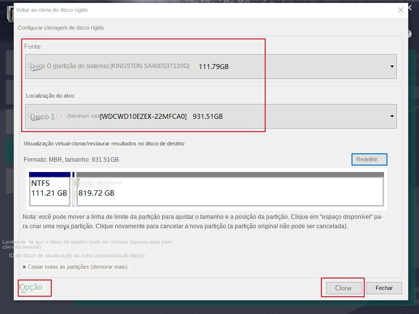 Execute o comando para clonar o disco rígido
