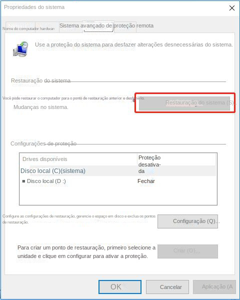 Clique em Restauração do sistema