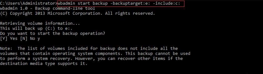 Digite Wbadmin start backup -backuptarget:e: -include:c: