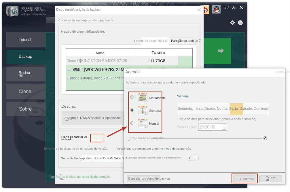 Backup do disco rígido configurando o tempo de backup