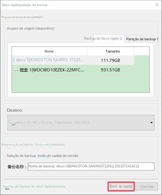 Backup do disco rígido Faça backup imediatamente