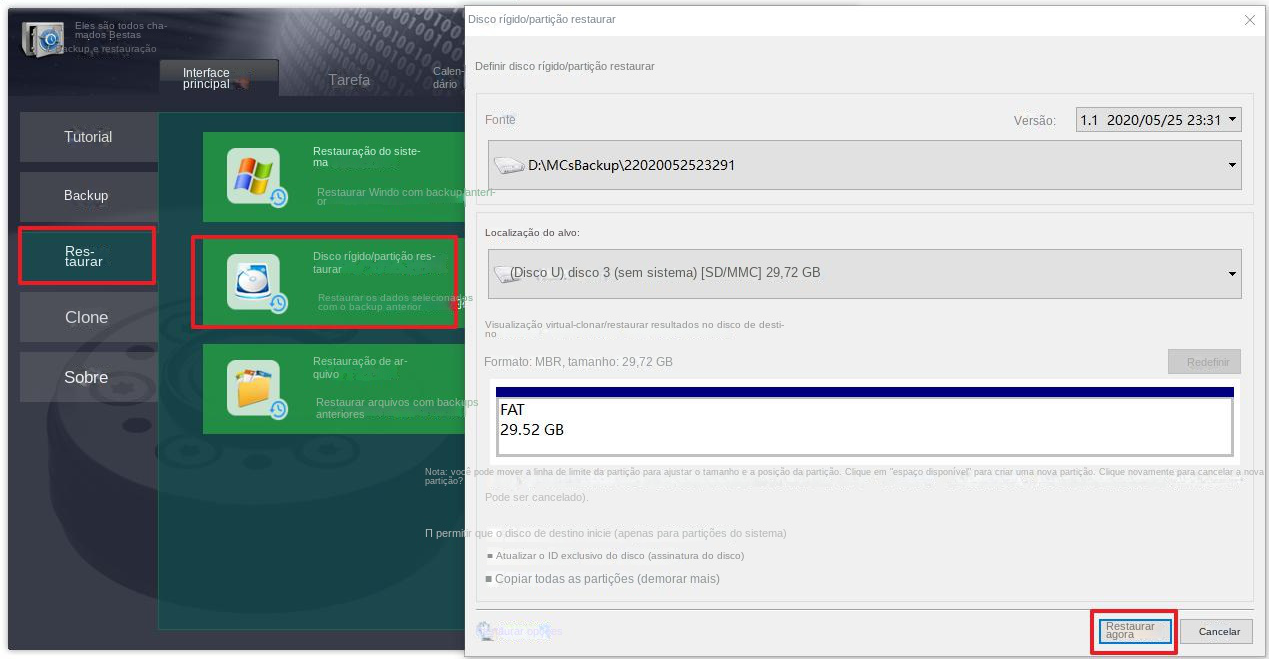 Restaurar disco rígido/partição