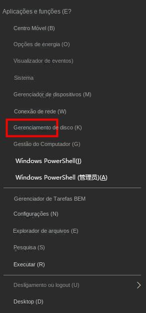 Selecione Gerenciamento de disco