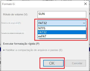 Formatação do sistema de arquivos selecionado