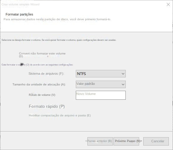 Configuração dos parâmetros da partição