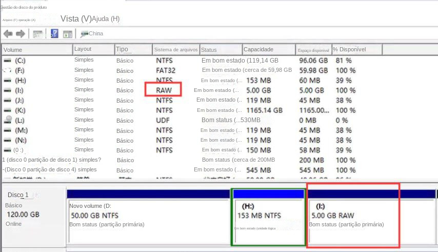 Opções de formatação de seleção de unidade RAW