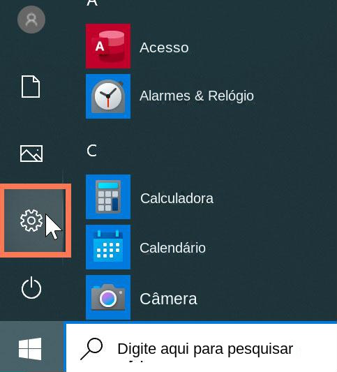 selecionando o ícone de engrenagem para configurar o Windows