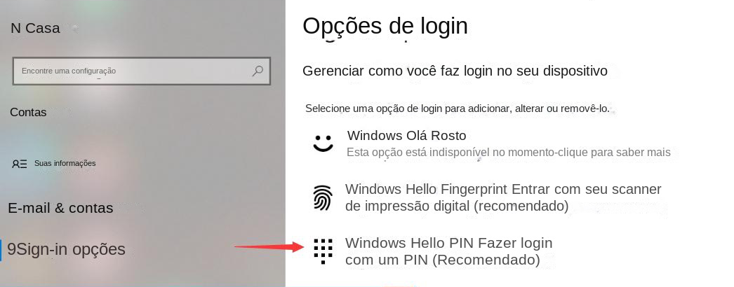 No menu "Sign-in options" (Opções de login), clique na opção "Windows Hello PIN" (PIN do Windows Hello)
