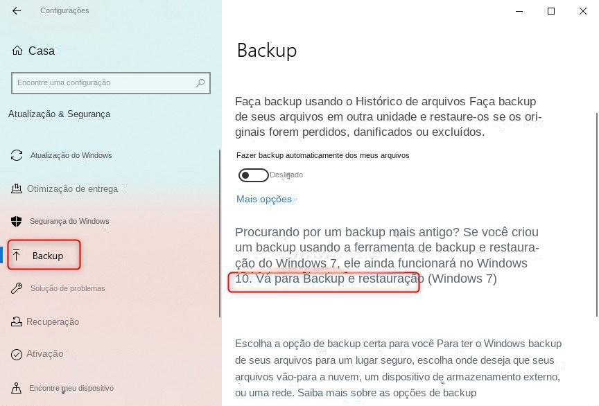 Vá para Backup e restauração (Windows 7)