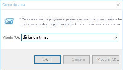 Digite diskmgmt.msc na janela Executar