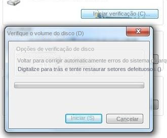 Marque Automatically fix system errors (Corrigir automaticamente erros do sistema de arquivos) e Scan and try to recover bad sectors (Verificar e tentar recuperar setores defeituosos)