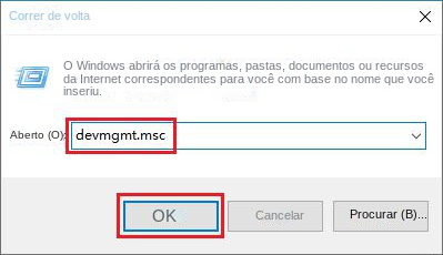 Digite devmgmt.msc em Executar