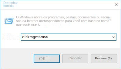 Na janela Executar, digite diskmgmt msc