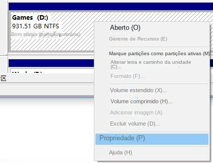 Gerenciamento de disco Clique em Propriedades