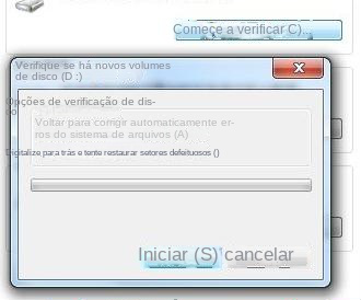 Marque Automatically fix system errors (Corrigir automaticamente erros do sistema de arquivos) e Scan and try to recover bad sectors (Verificar e tentar recuperar setores defeituosos)