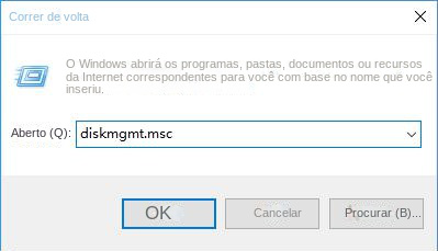 Digite diskmgmt.msc na janela Executar