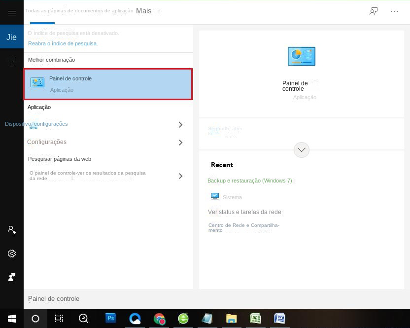 Pesquise e abra o painel de controle