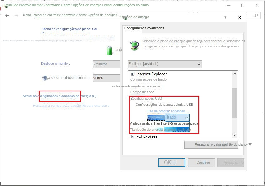 Desativar a função de configuração de pausa seletiva do USB