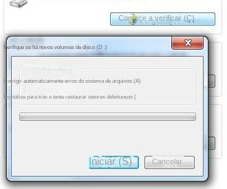 Marque Automatically fix system errors (Corrigir automaticamente erros do sistema de arquivos) e Scan and try to recover bad sectors (Verificar e tentar recuperar setores defeituosos)