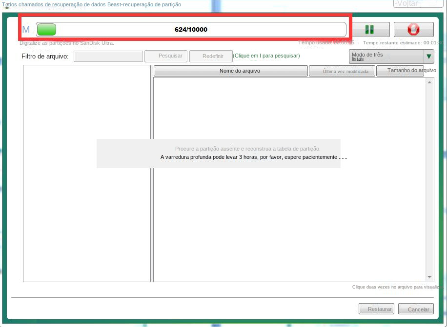 O Partition Recovery verifica os dados no cartão SD