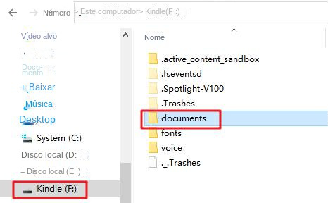 Copie e cole arquivos PDF na pasta de documentos do Kindle