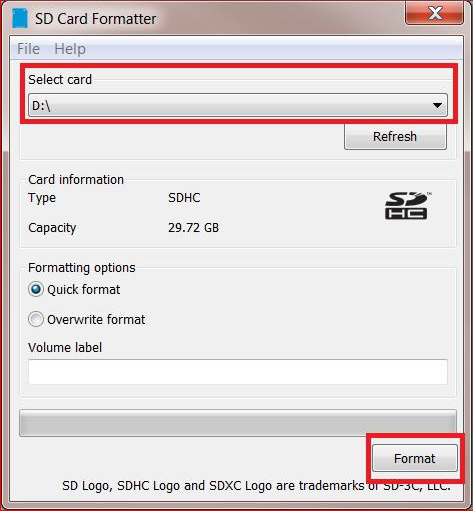 Formatador de cartão de memória SD.