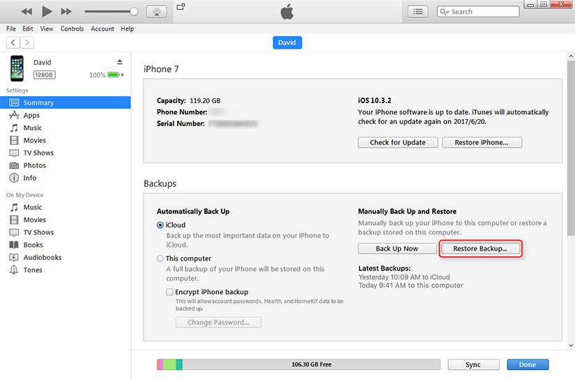 como restaurar a partir do backup do iTunes