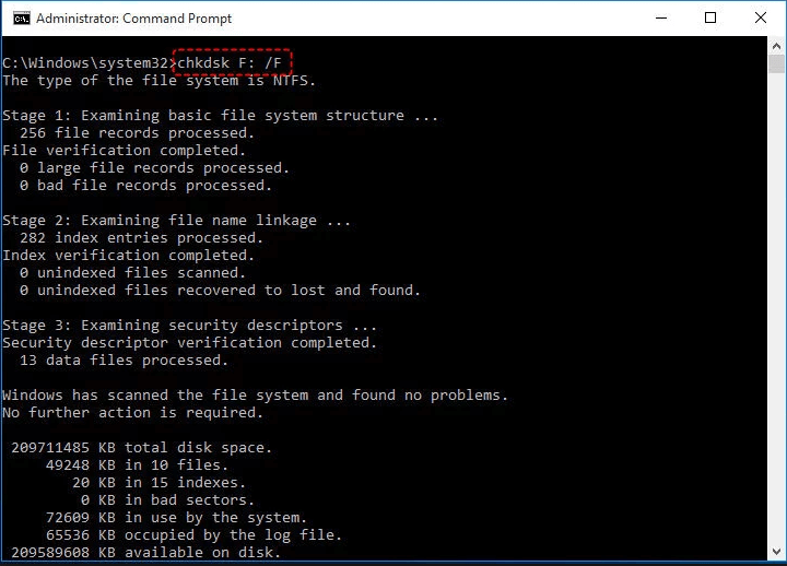 chkdsk f /f para corrigir a recuperação do cartão sd