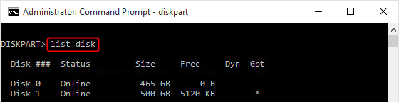 digite list disk no diskpart para inicializar o disco