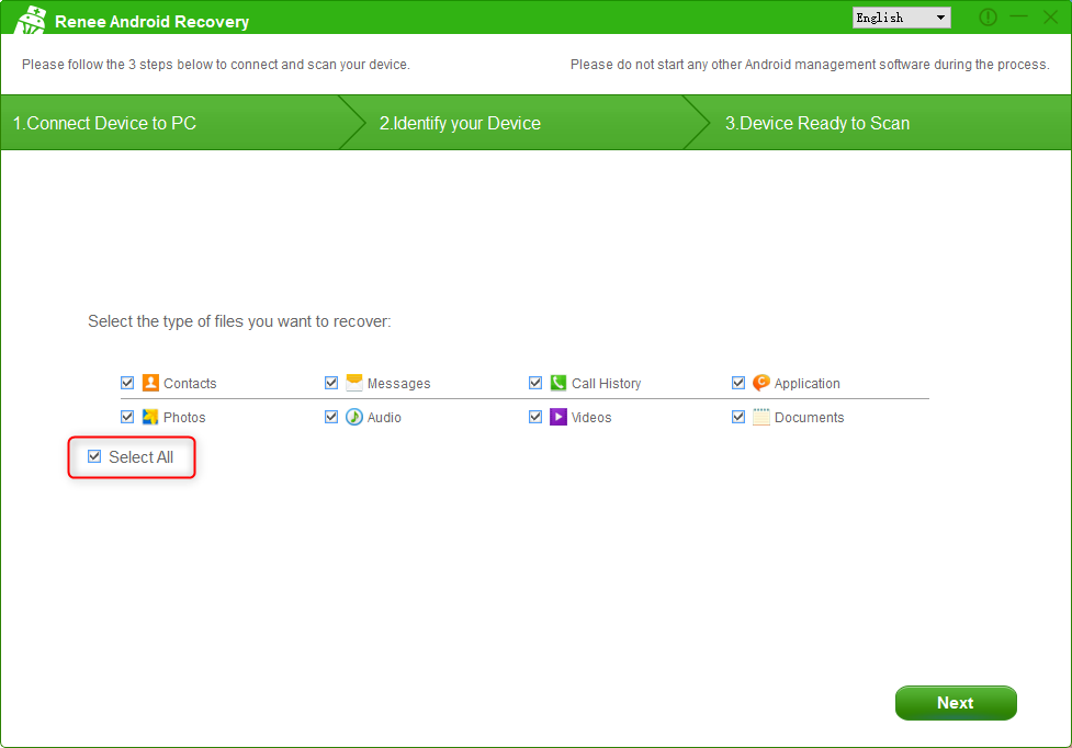 selecione todos os tipos de arquivos excluídos no renee data recovery for android