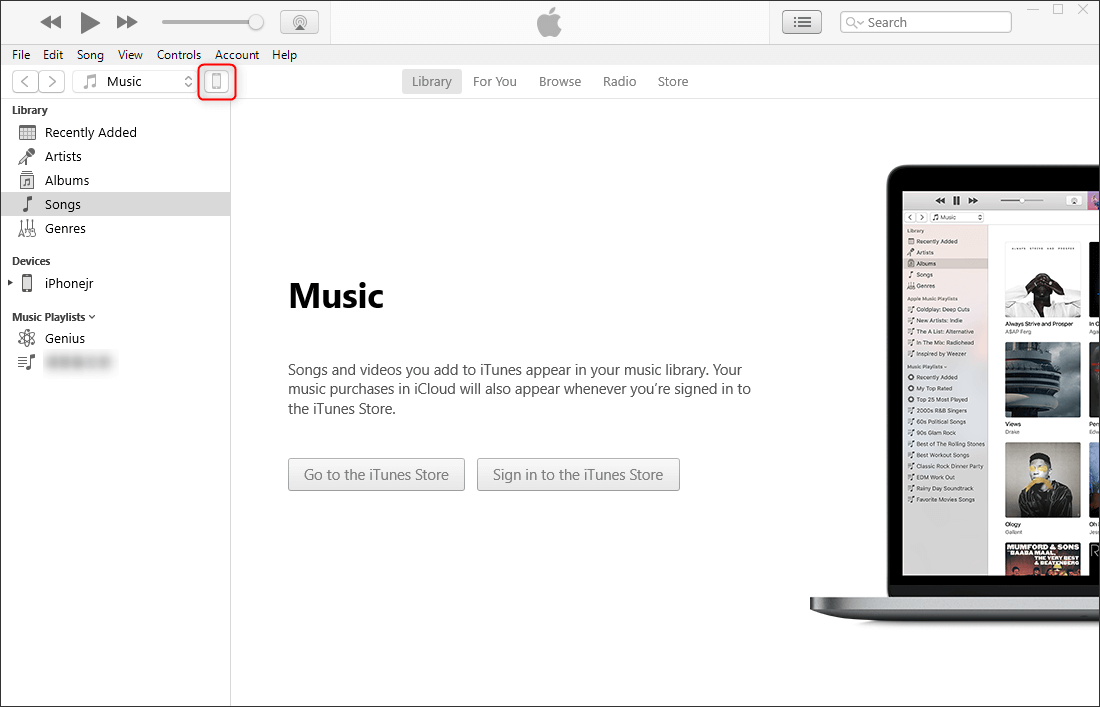 clique no ícone do iphone para inserir o dispositivo no itunes