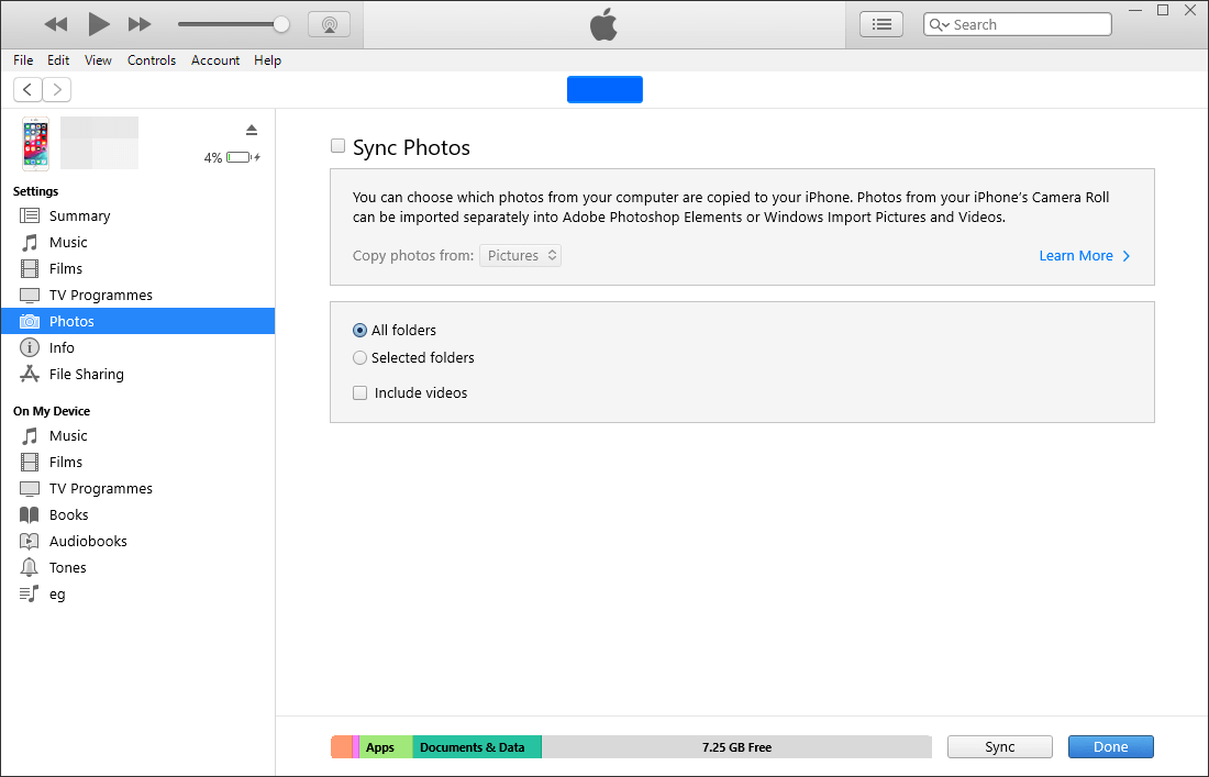 vá para o itunes photos e sincronize