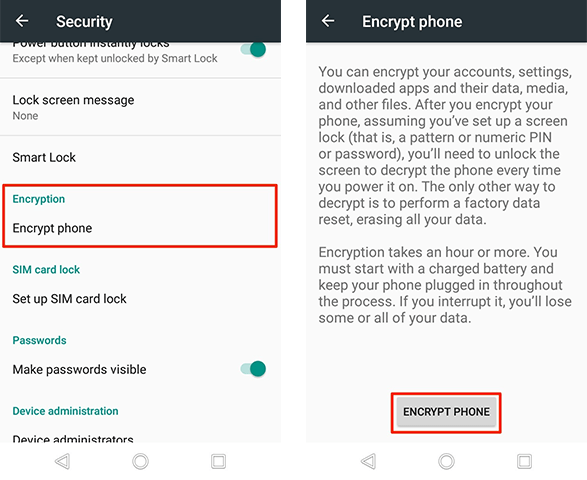 criptografar o telefone nas configurações