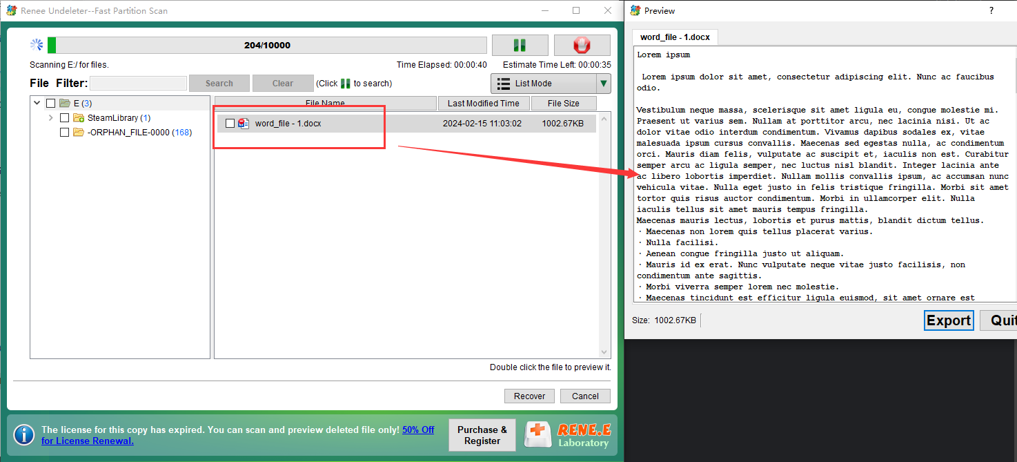 pré-visualização de arquivo docx no Undeleter