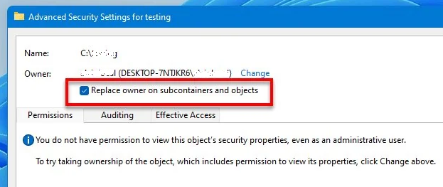 Windows: substituir proprietário em subcontêineres e objetos