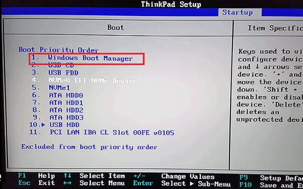 Notebook Lenovo no menu da BIOS, navegue até a guia de inicialização.