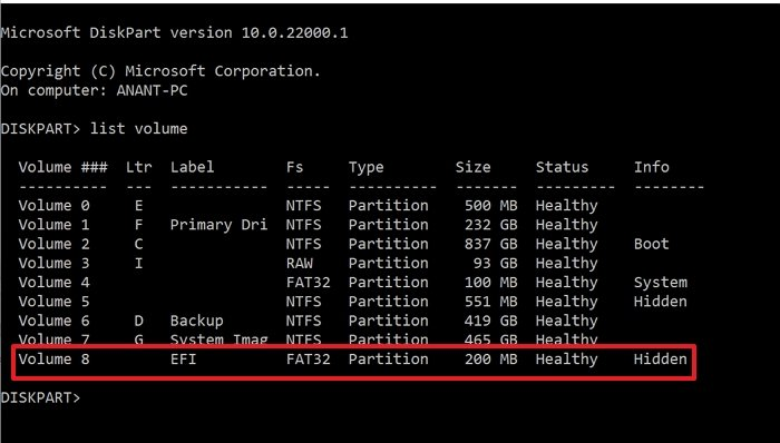 verificar partição EFI no diskpart