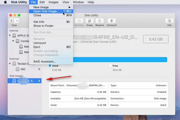 No macOS, use arquivo -> abrir imagem de disco para carregar o arquivo de imagem