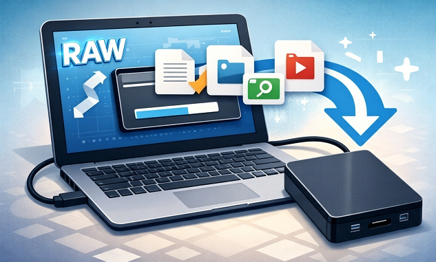 Disco rígido de notebook com uma ferramenta de recuperação varrendo arquivos perdidos