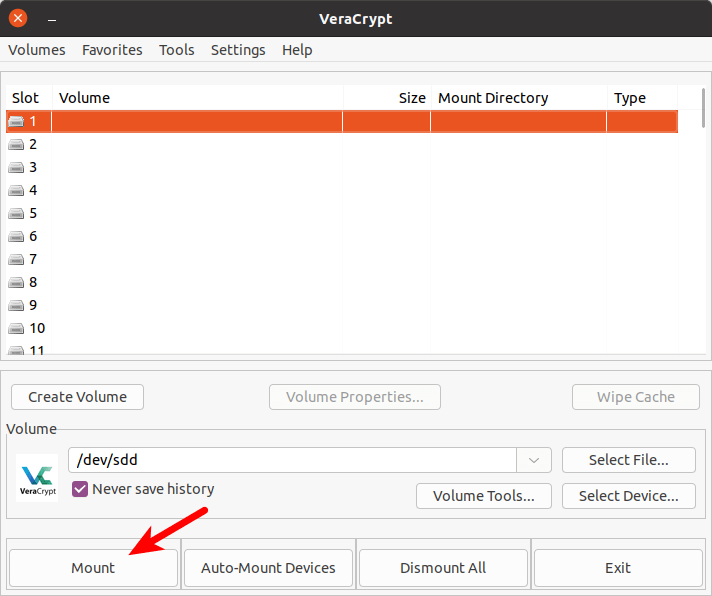 Montar um pendrive criptografado com VeraCrypt