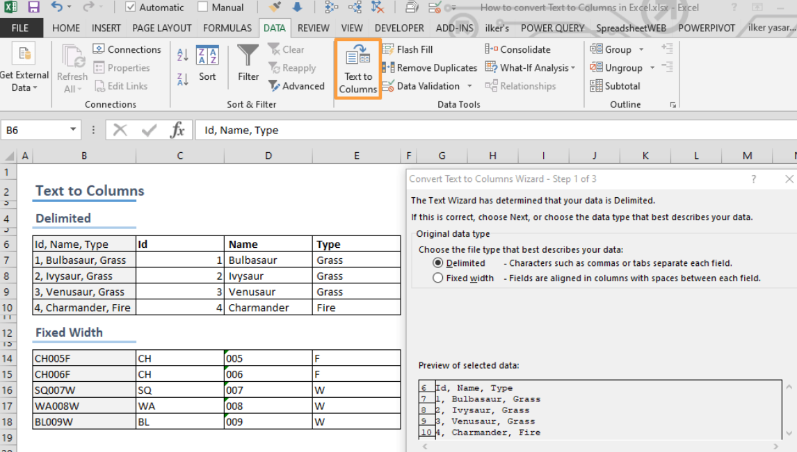 Dados > Texto para Colunas no Excel