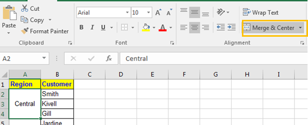 mesclar e centralizar no Excel