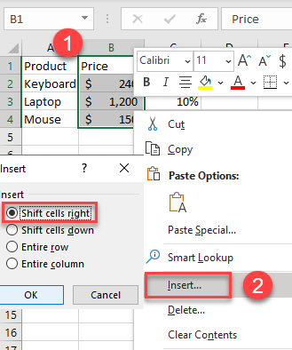 Deslocar células para a direita no Excel