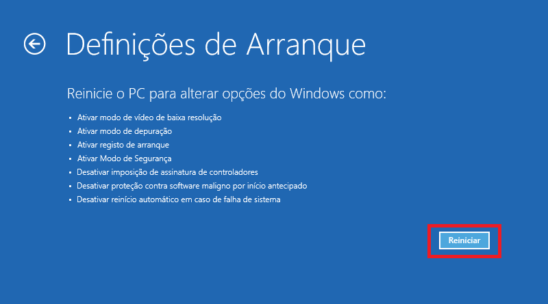 Reiniciar de definições arranque