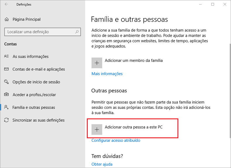 Windows 'adicionar outra pessoa a este PC'