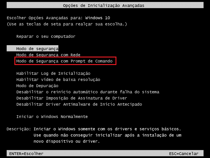 modo de segurança com prompt de comando