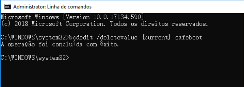 digite comando de bcdedit safeboot