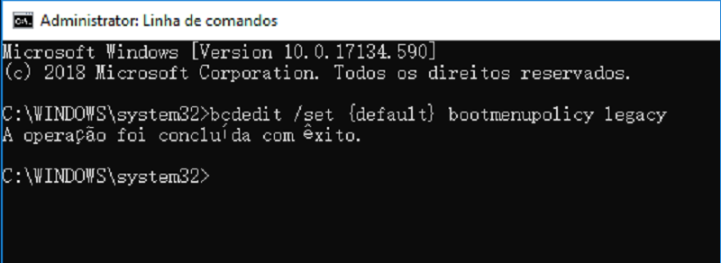 digite comando de bcdedit