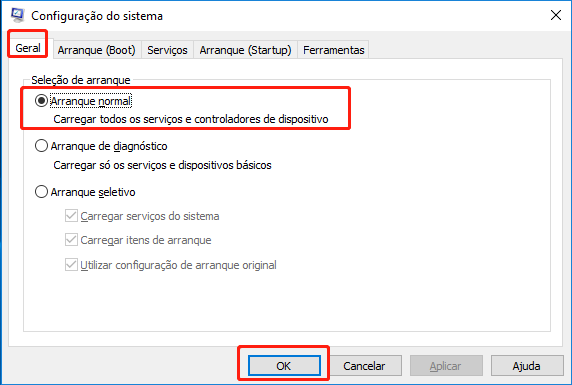 escolha Arranque normal